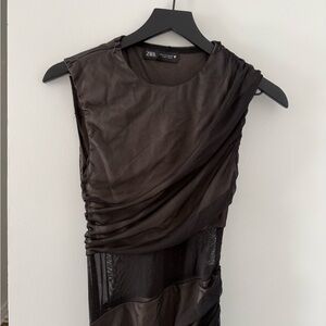 Zara Black Asymmetrical Draped Mesh Dress